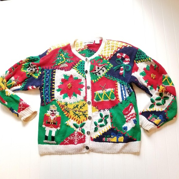 Vintage Northern Isles Christmas Cardigan Sweater Hand Knit Holiday M Ugly - Picture 1 of 4